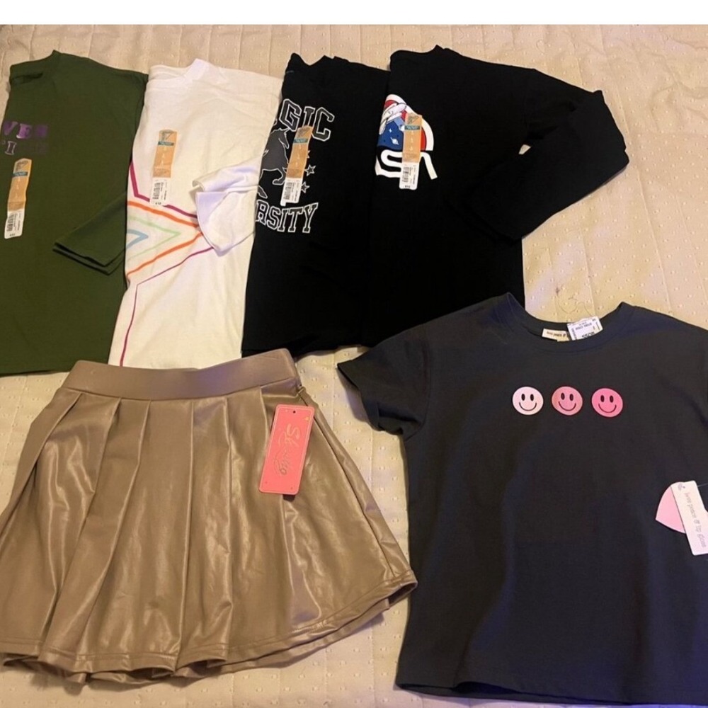 Girls Size Large Clothing Lot NWT Graphic Tees Faux Leather Skater Skirt 6 Pc